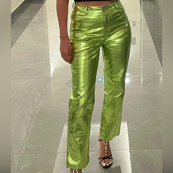 Shiny Pants Trouser Bottom Womenswear Underwear Lady Metallic Shimmer High Waist - Picture 5 of 5